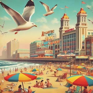 Impresión de playa de Atlantic City, arte mural vintage de paseo marítimo, póster retro costero de Nueva Jersey, descarga digital frente al mar