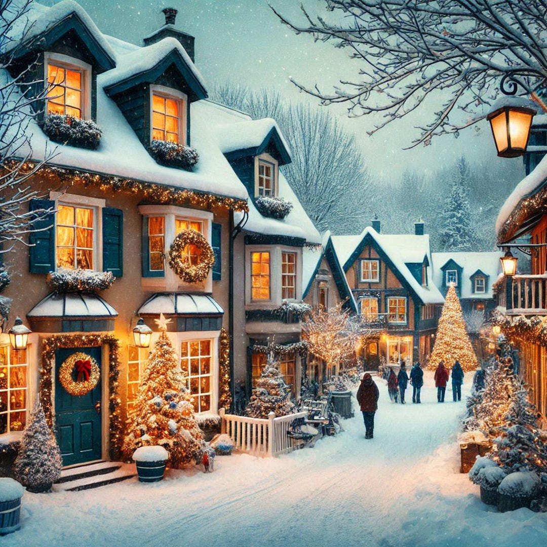 Holiday Print, Christmas Village Street, Snowy Winter Town, Cozy Lights ...