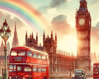 London Big Ben Painting, Vintage Cityscape Print, Red Bus Wall Art, UK Travel Poster, British Landmark Decor, Watercolor London Scene