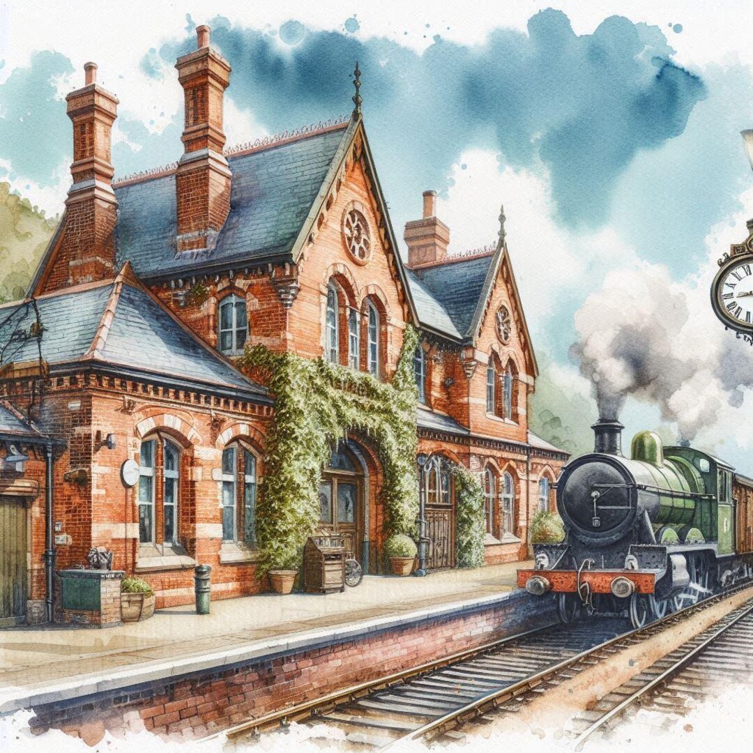 Railway Station Wall Art, Victorian Brick Depot Watercolor, Green Steam ...