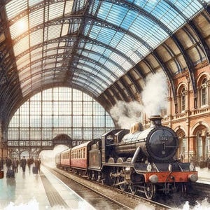 May include: Watercolor painting of a vintage steam train at a train station. The train is black with red accents, and the station has a glass roof and brick walls. Passengers with luggage are walking on the platform.