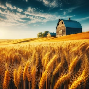 May include: A rustic wooden barn with a weathered gray roof sits on a hill overlooking a field of golden wheat. The sun shines brightly in the sky, casting long shadows across the field.
