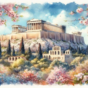 May include: A watercolor painting of the Acropolis in Athens, Greece, with blooming pink cherry blossoms in the foreground and background.