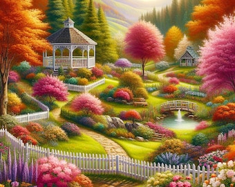 カントリーガーデンの絵画、花の風景プリント、コテージコアの壁アート、ロマンチックな田舎風の装飾、イングリッシュガーデンのポスター、自然の風景