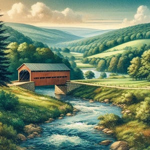 Op de afbeelding: Een landschapsschilderij van een rode overdekte brug over een rivier. De scène omvat weelderige groene heuvels, bomen en een blauwe lucht met wolken. De rivier stroomt door de scène en draagt bij aan de rustige sfeer.