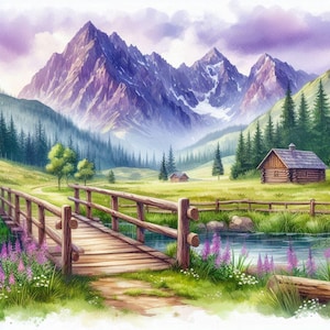 Berglandschaft Digitaldruck, Rustikale Hütte Wandkunst, Lila Berge Natur Poster, Brücke & Waldland Dekor