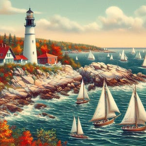 Impresión otoñal del faro de Massachusetts, arte mural costero de Nueva Inglaterra, escena oceánica otoñal de velero, póster de puerto náutico, descarga digital