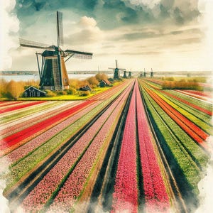 May include: A field of colorful tulips stretches out in rows, leading to a line of traditional Dutch windmills against a cloudy sky.