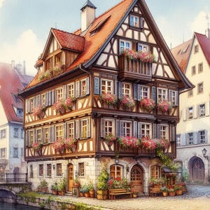 Puede incluir: Pintura a la acuarela de un edificio europeo tradicional con tejado de tejas rojas y paredes con entramado de madera. El edificio tiene varias plantas con jardineras rebosantes de flores rosas. Un canal y una calle adoquinada están en primer plano.