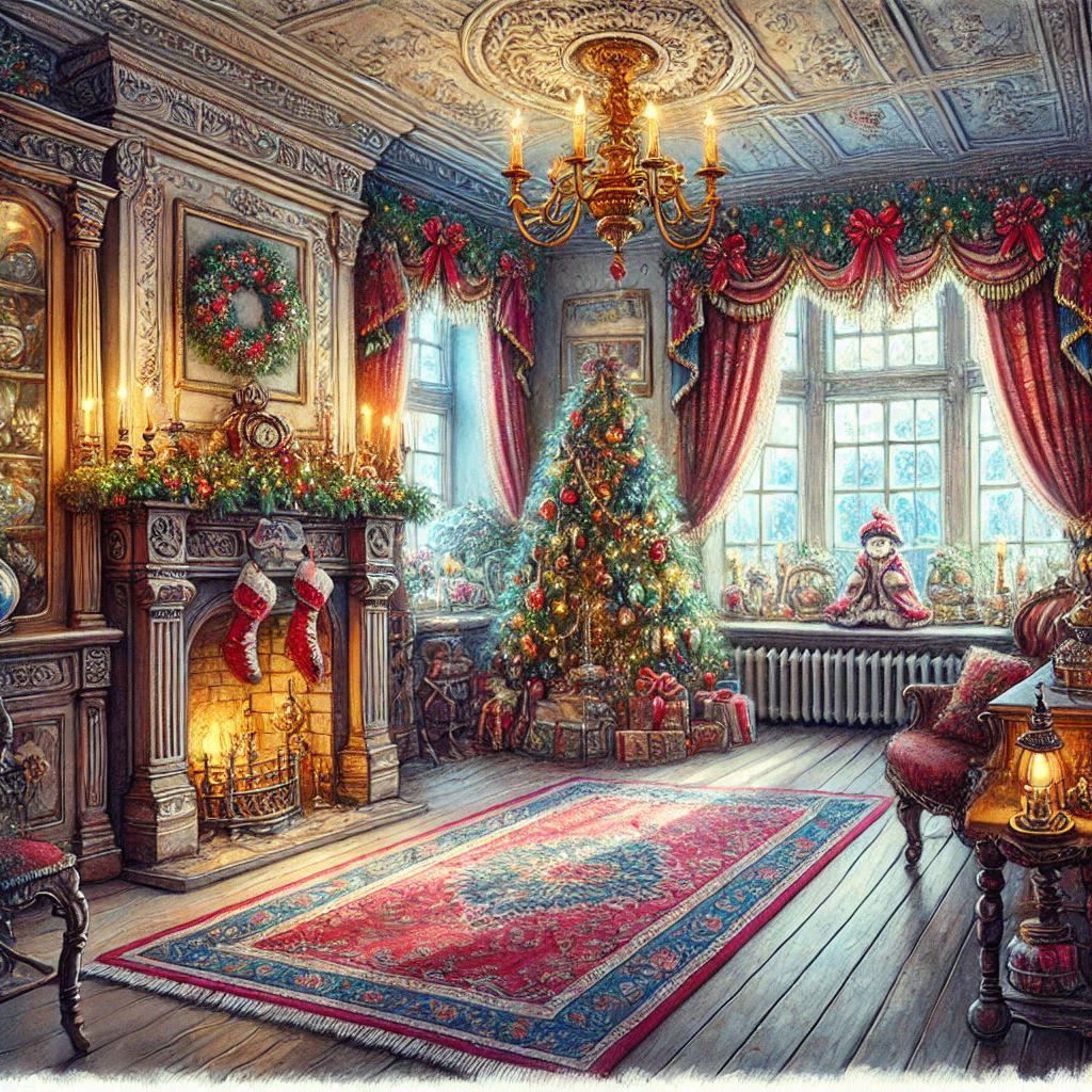 Victorian Christmas Living Room, Cozy Fireplace Stockings, Grand Tree ...