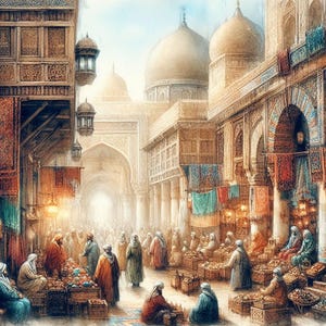Middle Eastern Bazaar Art Print, Oriental Market Scene Poster, Islamic Architecture Wall Art, Arabic Culture Decor, Historic Illustration
