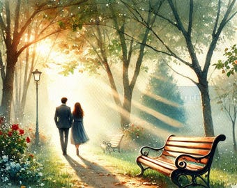 Couple Wall Art, Romantic Park Walk Watercolor, Sunlit Garden Path Print, Anniversary Gift, Desktop & Phone Wallpaper