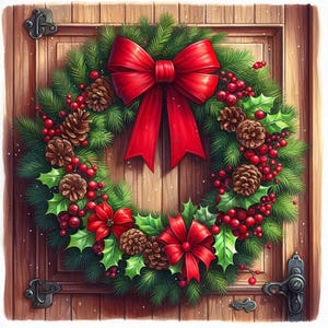 Pode incluir: Uma coroa de Natal festiva com um grande laço vermelho, pinhas, azevinho e bagas vermelhas. A coroa está colocada numa porta de madeira, criando uma decoração de férias acolhedora e convidativa.