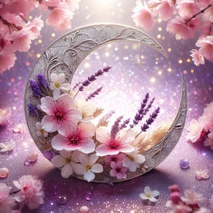 May include: A silver crescent moon sculpture adorned with pink and white flowers, purple lavender, and hanging stars. The background is a shimmering, glittery purple, with pink blossoms in the corners.