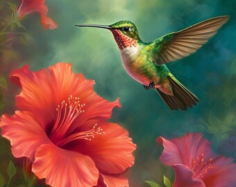 Hummingbird Wall Art, Floral Bird Print, Watercolor Nature Painting, Tropical Garden Decor, Green & Pink Wildlife Poster, Cottagecore