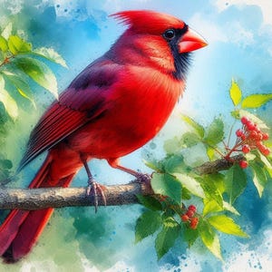 Decorazione murale raffigurante un cardinale, stampa di un cardinale rosso settentrionale, download digitale di un uccello acquerello, poster naturalistico per l'arredamento della casa