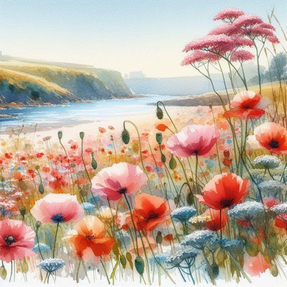 海岸沿いのポピー畑のウォールアート、ビーチの野花のプリント、夏の