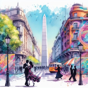 Puede incluir: Una pintura al agua de una escena callejera en Buenos Aires, Argentina. La pintura presenta una pareja bailando en la calle, un edificio colorido, un alto obelisco y un tranvía vintage.
