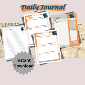 Op de afbeelding: Drie afdrukbare dagelijkse dagboekpagina's met een bloemenontwerp. De pagina's bevatten prompts voor dagelijkse reflectie, dankbaarheid en een sectie voor dagelijkse notities.