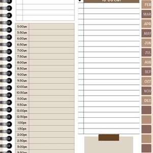 May include: A daily planner with a brown and white color scheme. The left side has a section for daily tasks with a time schedule from 5:00 am to 5:00 pm. The right side has a to-do list section and a calendar with months of the year.