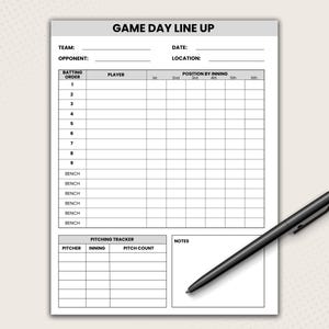 Può includere: Un foglio bianco per la formazione della giornata di baseball con testo e linee della griglia neri. Il modulo include sezioni per squadra, data, avversario, posizione, ordine di battuta, nomi dei giocatori, posizione per inning e note.
