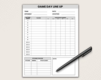 Baseball Batting Order Lineup Card for Baseball Coach, Printable LineUp Sheet By Inning, Game Day Planner with Field Position, Pitch Tracker