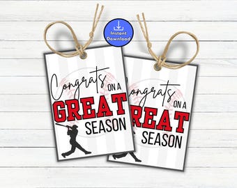 Congrats on a Great Season Printable Baseball Tags, End of Season Gifts for Baseball Team, Teams Snacks or Treat Bags, T-ball Team Gift Idea