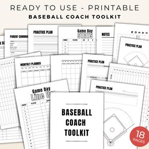 Könnte beinhalten: Eine Sammlung druckbarer Baseball-Trainer-Toolkit-Seiten. Die Seiten umfassen Trainingspläne, Spieltagsstatistiken, einen Monatsplaner und eine Titelseite für das Baseball-Trainer-Toolkit. Der Text "READY TO USE - PRINTABLE BASEBALL COACH TOOLKIT" steht oben.