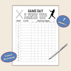 7 inning Afdrukbare slagvolgorde en opstellingsblad voor honkbalcoach of dugout, opstellingskaart per inning, wedstrijddagplanner voor coach