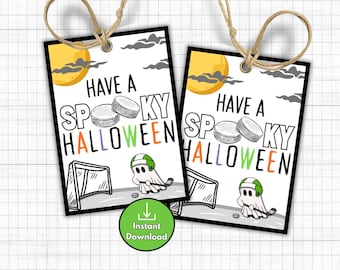 May include: Two Halloween-themed gift tags with the text "Have a Spooky Halloween". Each tag features a cartoon ghost playing hockey, a hockey net, and a full moon. The words "Halloween" are in orange, green, and purple.