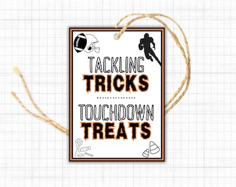 Halloween Football Treat Bag Tags, Football October Birthday Party, Tackling Tricks Touchdown Treats, Game Day Treat or Goodie Bags for Team
