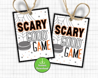Printable Scary Good Game Halloween Hockey Gift Tags, Halloween Treat Bag Tags, Game Day Snack Bag Tags for Hockey Team, Goody Bag Tags