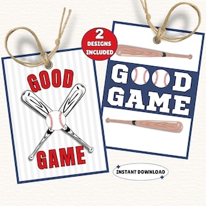 May include: Two baseball-themed gift tags with a navy blue border and twine. One tag features crossed bats and a baseball with the words "GOOD GAME." The other tag has baseballs and a bat with the words "GOOD GAME."