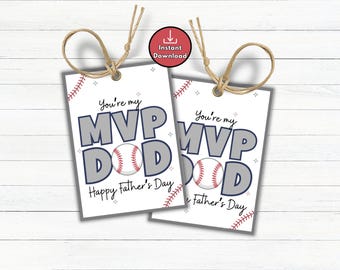 Baseball Happy Father's Day Printable Gift Tags, Team Gift Tags for Dad, MVP Dad, Youth Sports Thank You, Father's Day at the Ballpark