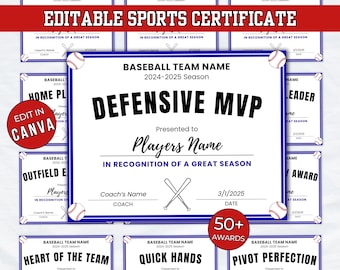 Baseball Award Certificates for End of Season Party, Editable Player Recognition, Baseball Awards Canva Template, DIY T-ball Team Awards