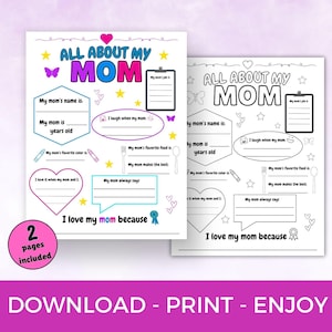 All About My Mom Printable, Mother&#39;s Day Gift from Kids, All About Mom Fill In, Mother&#39;s Day Classroom Activity, Mom Gift, Instant Download
