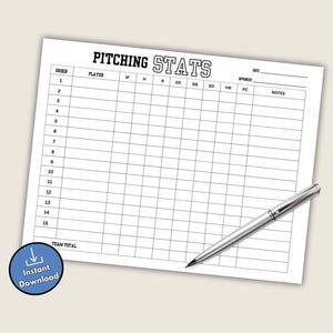 May include: A white baseball pitching stats sheet with the title "PITCHING STATS" and a grid for recording player data. A silver pen rests on the sheet. A blue "Instant Download" button is in the corner.