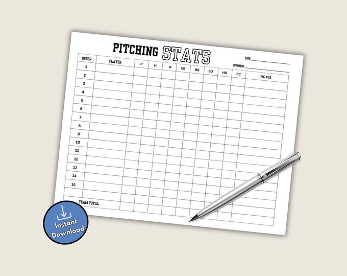 Pitching Rotation Card Printable Baseball Pitch Stat Tracker Sheet for Baseball Coach or ...