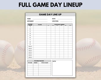 Baseball Batting Order Lineup Sheet for Baseball Coach, Printable LineUp Card By Inning, Game Day Planner with Field Position, Pitch Tracker