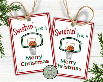 May include: Two gift tags with a basketball theme. Each tag has a red border and features a basketball hoop with a ball, the text "Swishin' You a Merry Christmas," and a space for "From:" at the bottom.