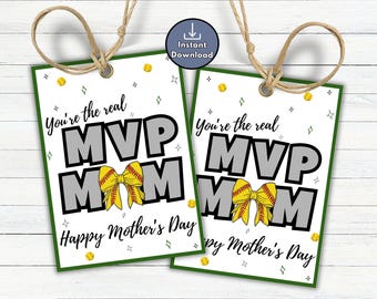 Forest Green Softball Mom Gift Tags, Happy Mother's Day Printable, Team Gift Tags for Mom, Youth Sports Thank You Mom Tag, MVP Mom