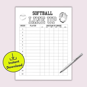 Afdrukbaar softbalslagvolgorde en opstellingsblad voor softbalcoach of dugout, opstellingskaart per inning, wedstrijddagplanner voor voetbaltrainer