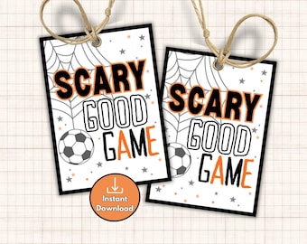 Printable Scary Good Game Halloween Soccer Gift Tags, Rectangular Treat Bag Tags, Game Day Snack Bag Tags for Soccer Team, Goody Bag Tags