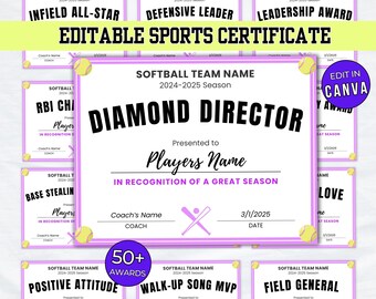 Softball Award Certificates for End of Season Party, Editable Player Recognition, Softball Awards Canva Template, DIY Softball Team Awards