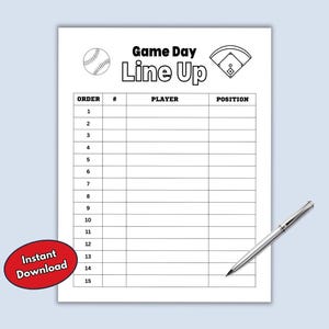 Printable Baseball or Softball Batting Order and Lineup Sheet for Coach, Baseball LineUp Card, Game Day Planner for t-ball Coach Clipboard