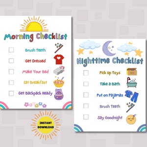 Kids Morning and Nighttime Routine Checklists, Printable Kids Routine Checklist, Kids Chore Chart, Kids Daily Planner, Instant Download
