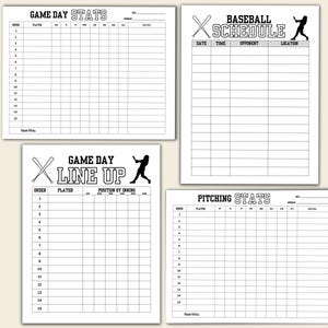 May include: Four white baseball-themed printable sheets with black text. The sheets include "Game Day Stats", "Baseball Schedule", "Game Day Line Up", and "Pitching Stats". Each sheet has a grid for recording information.