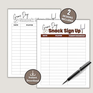Game Day Snack Sign Up Sheet for Youth Football Coach, Team Post Game Treats Sign Up Sheets, Printable Football Team Snack Schedule
