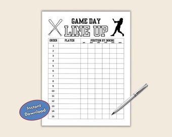 Baseball Batting Order and Lineup Sheet for Baseball Coach or Dugout, Printable LineUp Card By Inning, Game Day Planner with Field Positions
