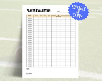 Editable Football Player Evaluation Form for Youth Football Coach, Printable Player Evaluation form for Combine, Start of Season Coach Forms